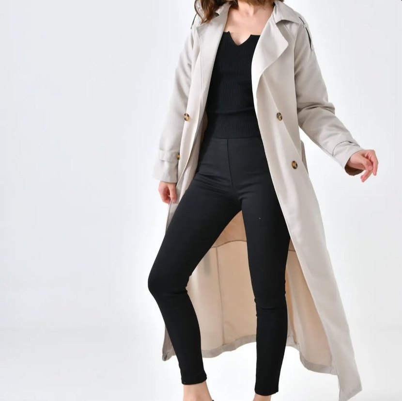 Bej Kadın Uzun Düğmeli kaban - Görsel 3