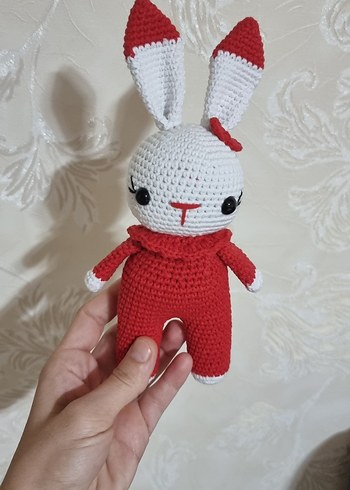 Kırmızı Örgü Tavşan Peluş Oyuncak - Görsel 2