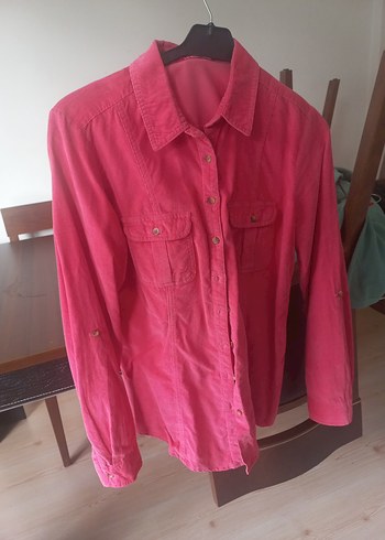 Pembe Düğmeli Kadife Fitilli Uzun Kollu Kadın Gömlek - Görsel 2