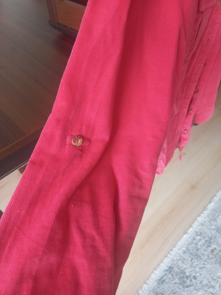 Pembe Düğmeli Kadife Fitilli Uzun Kollu Kadın Gömlek - Görsel 4