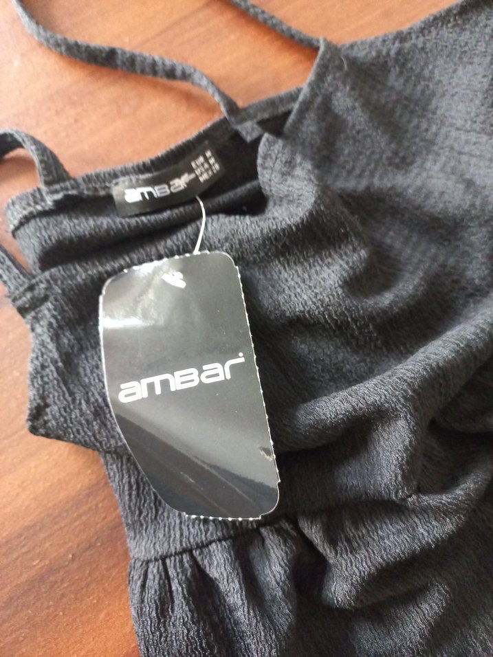 Ambar Siyah Askılı Midi Keten Elbise - Görsel 5