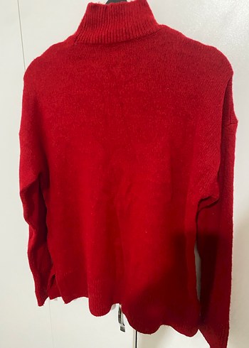 Kırmızı Yüksek Yakalı Örgü Kadın Kazak - Görsel 3