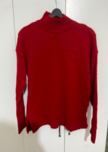 Kırmızı Yüksek Yakalı Örgü Kadın Kazak - Görsel 4