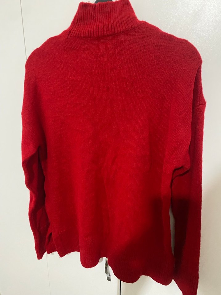 Kırmızı Yüksek Yakalı Örgü Kadın Kazak - Görsel 3