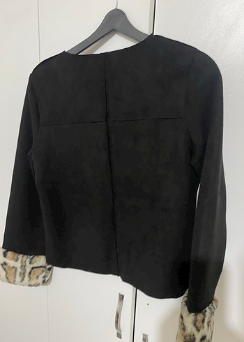 Leopar Desenli Kürk Detaylı Siyah Kadın nubuk bluz - Görsel 4