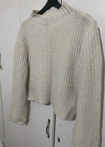 Ekru Yüksek Yakalı Örgü Kadın Kazak - Görsel 3