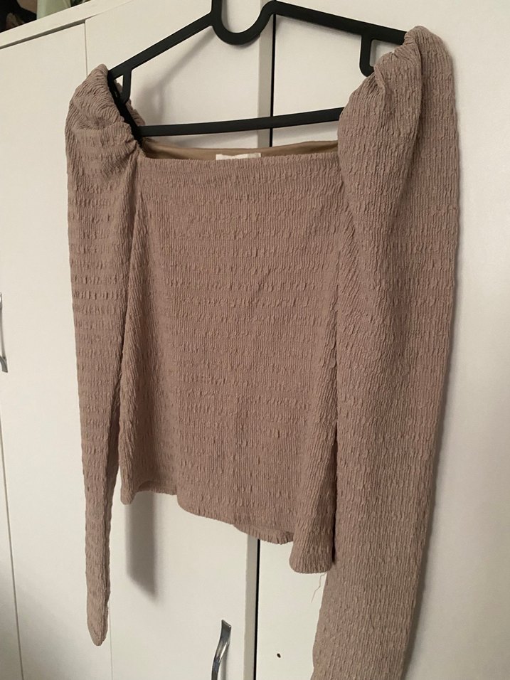 Bej Triko Kadın Bluz, Uzun Kollu, dar Kesim - Görsel 3