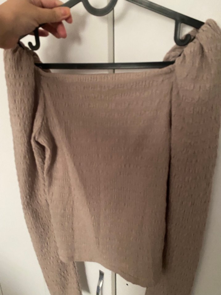 Bej Triko Kadın Bluz, Uzun Kollu, dar Kesim - Görsel 4