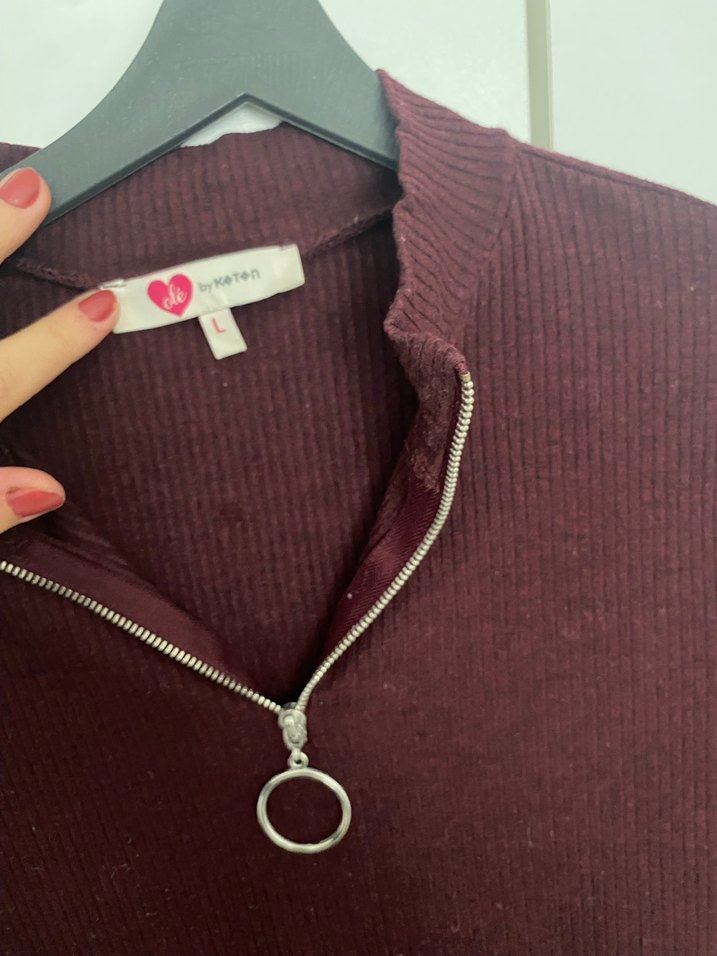 Bordo Yarım Fermuarlı Yüksek Yaka Kadın Kazak - Görsel 3