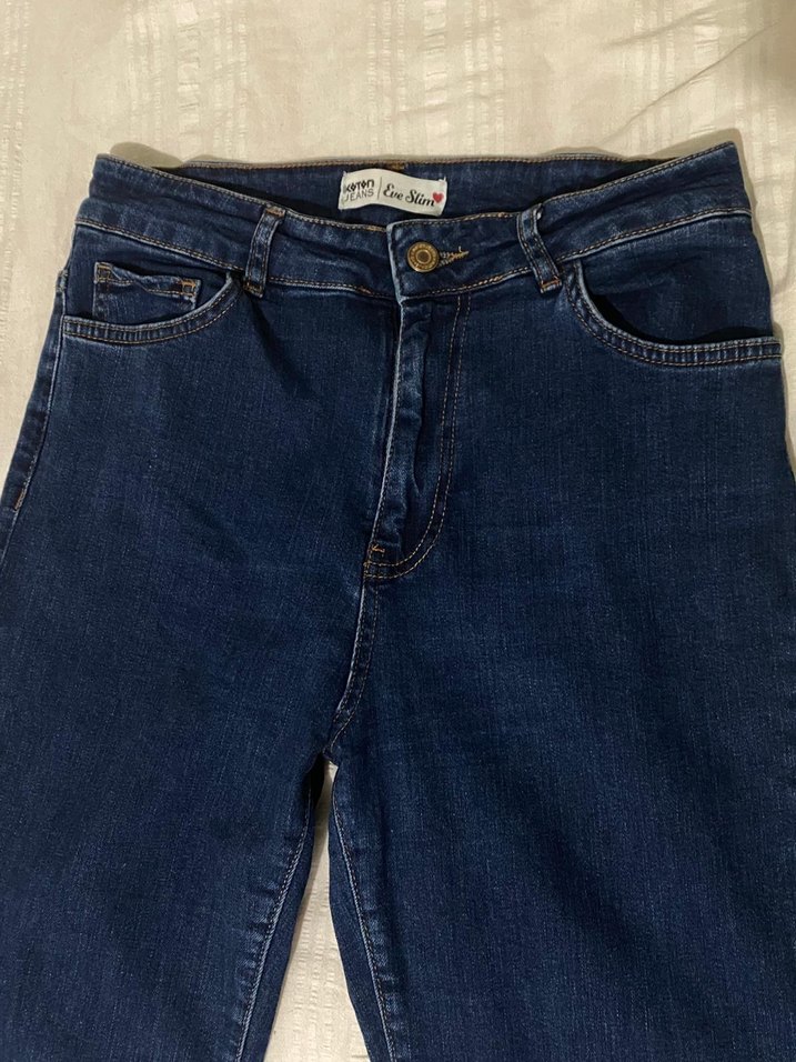 3 adet mavi, krem kadın kot denim pantolon - Görsel 3