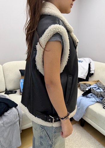 Kürklü Deri Sıfır Kollu Kadın Ceket - Görsel 2