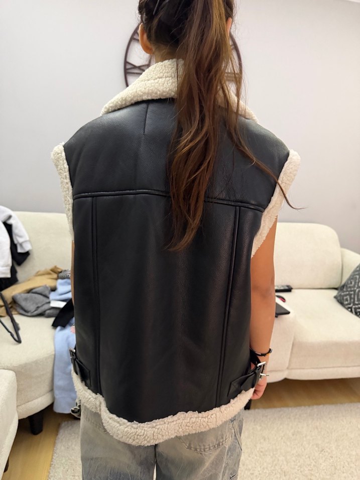 Kürklü Deri Sıfır Kollu Kadın Ceket - Görsel 3