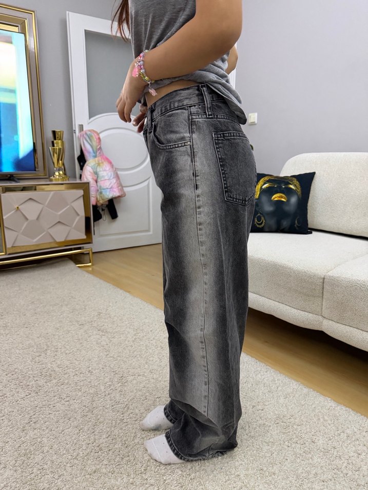 Twist Gri Bol Kesim Midi Boy Kadın Kot Pantolon - Görsel 3
