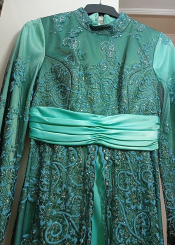 Turkuaz Nakışlı Uzun Kollu Uzun Abiye - Görsel 6