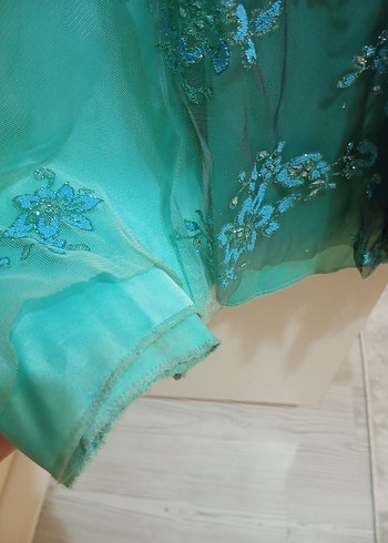 Turkuaz Nakışlı Uzun Kollu Uzun Abiye - Görsel 4