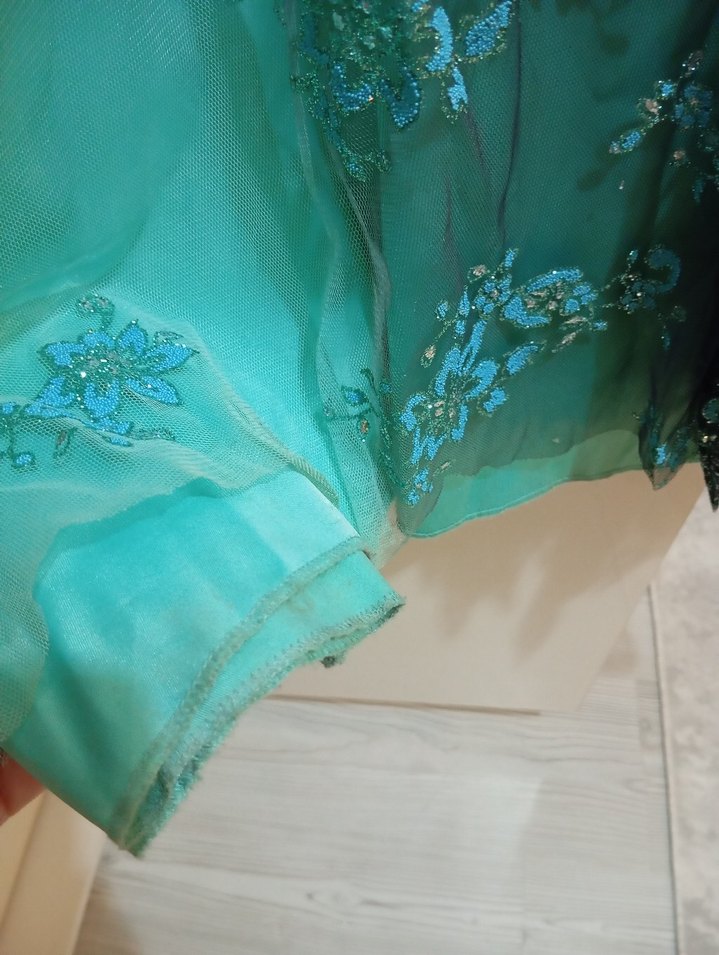 Turkuaz Nakışlı Uzun Kollu Uzun Abiye - Görsel 4