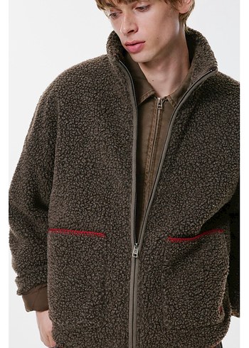 pull bear nakışlı suni yünlü ceket - Görsel 3