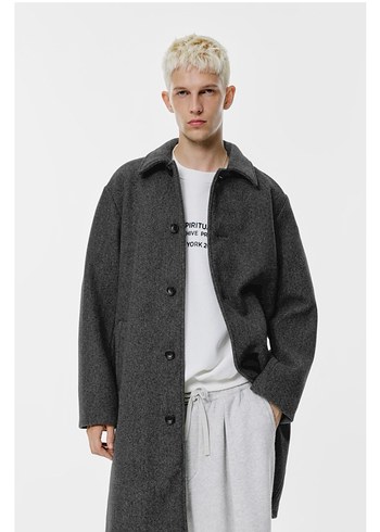 pull bear uzun kaşe kaban - Görsel 3