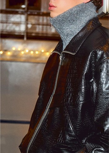 Yılan Desenli Siyah Deri Ceket - Görsel 3