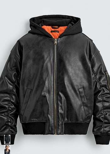 zara kapüşonlu kontrast suni deri ceket - Görsel 2