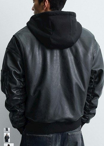 zara kapüşonlu kontrast suni deri ceket - Görsel 6