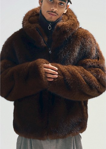 bershka suni kürk kapüşonlu ceket - Görsel 2