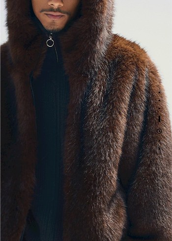 bershka suni kürk kapüşonlu ceket - Görsel 7