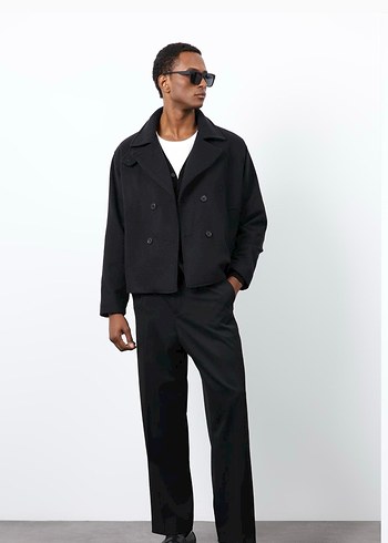 Erkek Siyah Yün Kruvaze Ceket - Görsel 5