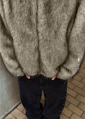 bershka suni kürk kapüşonlu ceket - Görsel 3