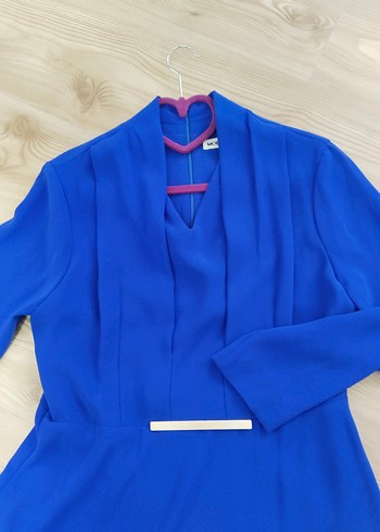 Mavi V Yakalı Uzun Kollu Kadın Abiye Elbise saks mavi 42 beden - Görsel 3