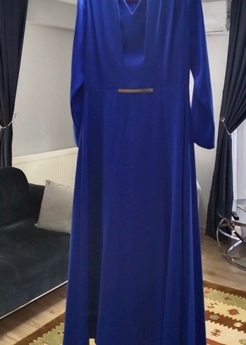 Mavi V Yakalı Uzun Kollu Kadın Abiye Elbise saks mavi 42 beden - Görsel 5