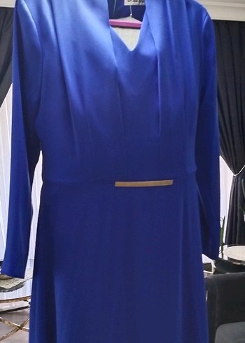 Mavi V Yakalı Uzun Kollu Kadın Abiye Elbise saks mavi 42 beden - Görsel 4