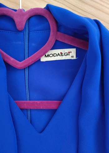 Mavi V Yakalı Uzun Kollu Kadın Abiye Elbise saks mavi 42 beden - Görsel 7