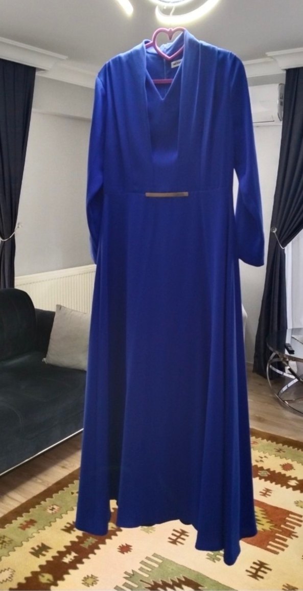 Mavi V Yakalı Uzun Kollu Kadın Abiye Elbise saks mavi 42 beden - Görsel 5