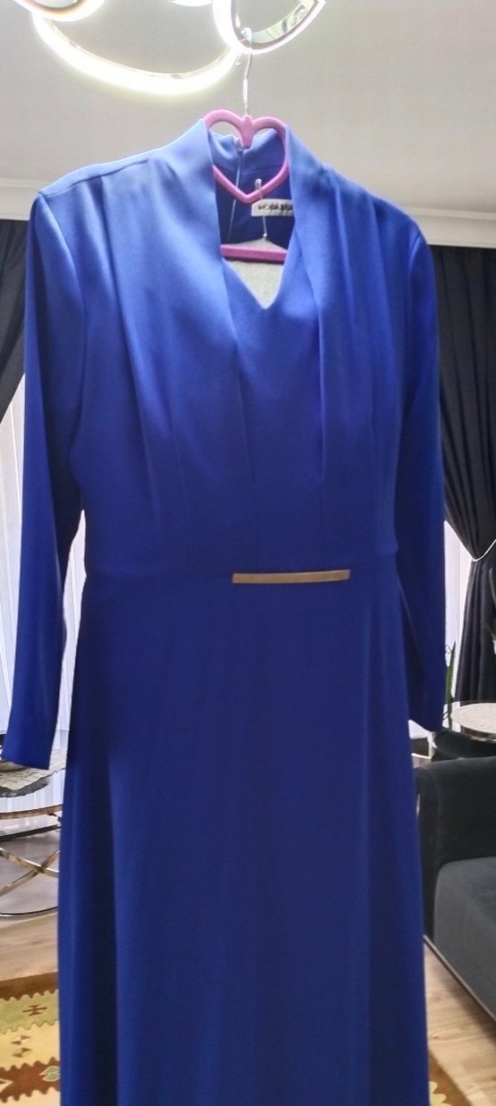 Mavi V Yakalı Uzun Kollu Kadın Abiye Elbise saks mavi 42 beden - Görsel 4
