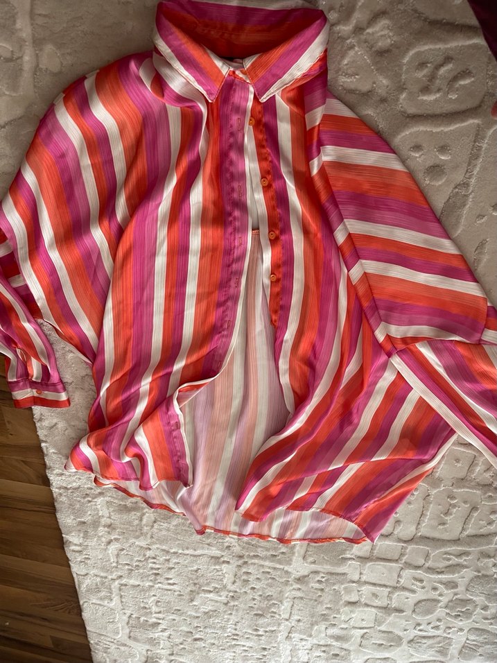 Uzun Kollu Çok Renkli İpeksi Kadın Gömlek - Görsel 3