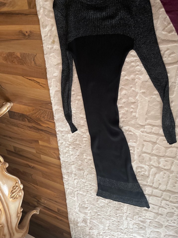 Uzun Kollu siyah-Gri Triko Elbise - Görsel 3