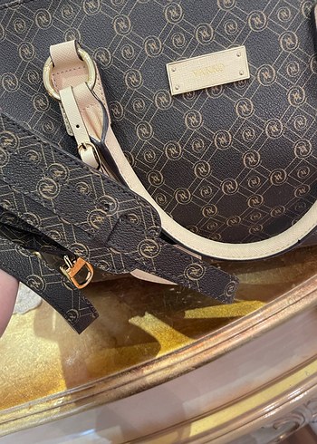 Bej Vakko Deri Kadın Monogramlı Çanta - Görsel 6