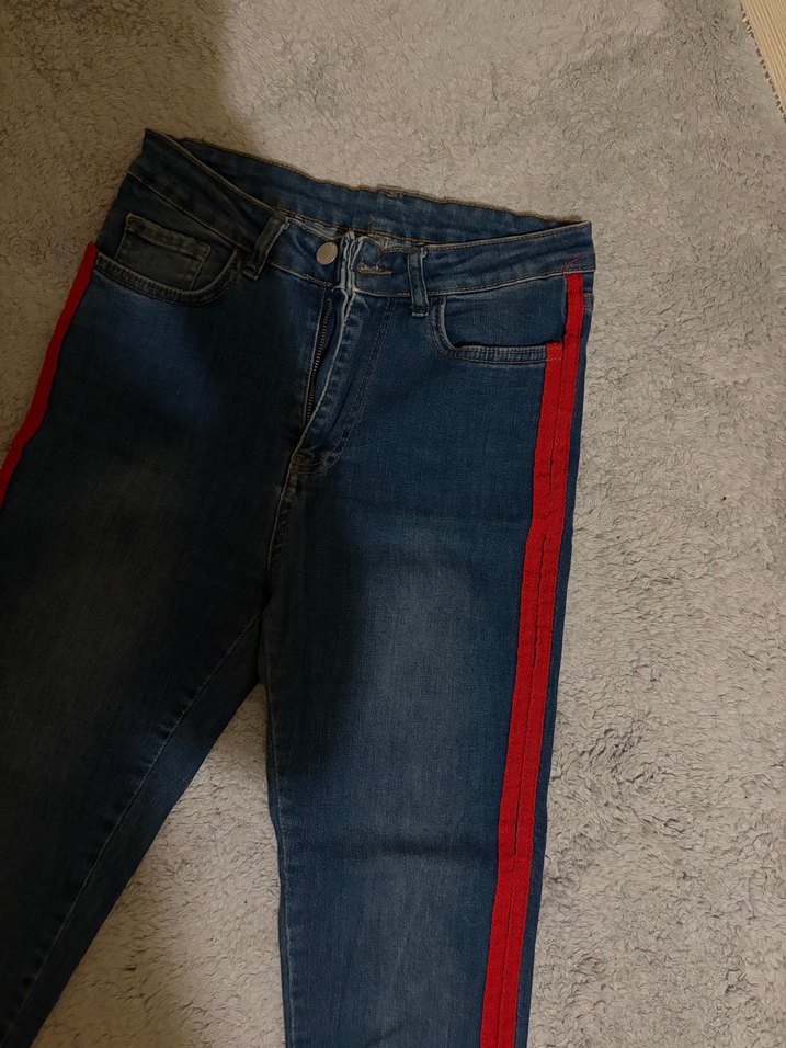 Çizgili Kemerli Kadın Kot Pantolon - Görsel 2