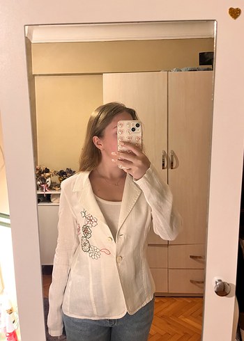 xs Beden beyaz Renk Beyaz Transparan Çiçek Motifli Kadın Denim Ceket