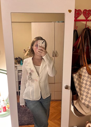 xs Beden Beyaz Transparan Çiçek Motifli Kadın Denim Ceket