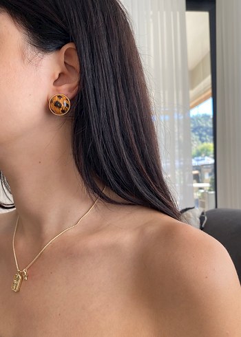 Zara Düğmeli Leopar Desenli Kahverengi Küpe