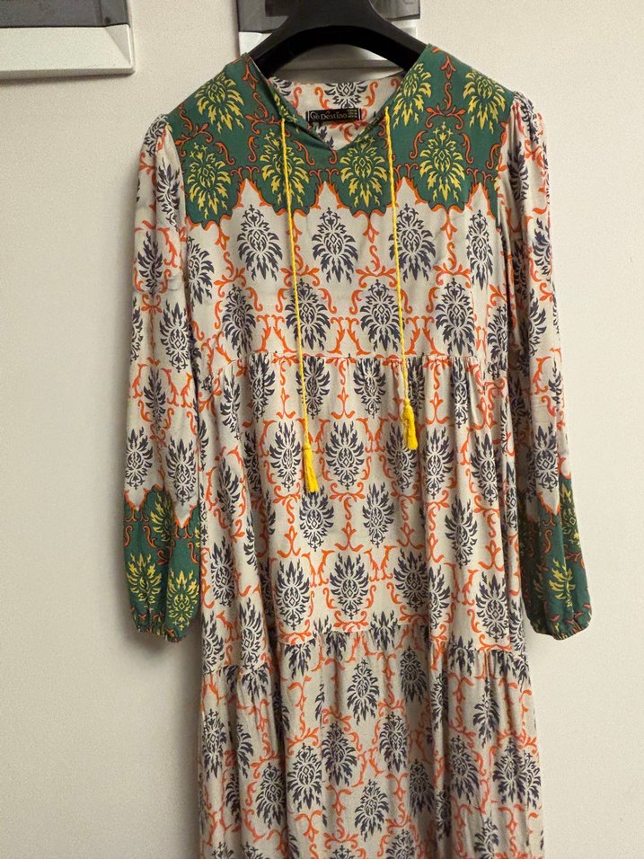 Bohem Desenli Uzun V Yaka Elbise - Görsel 2