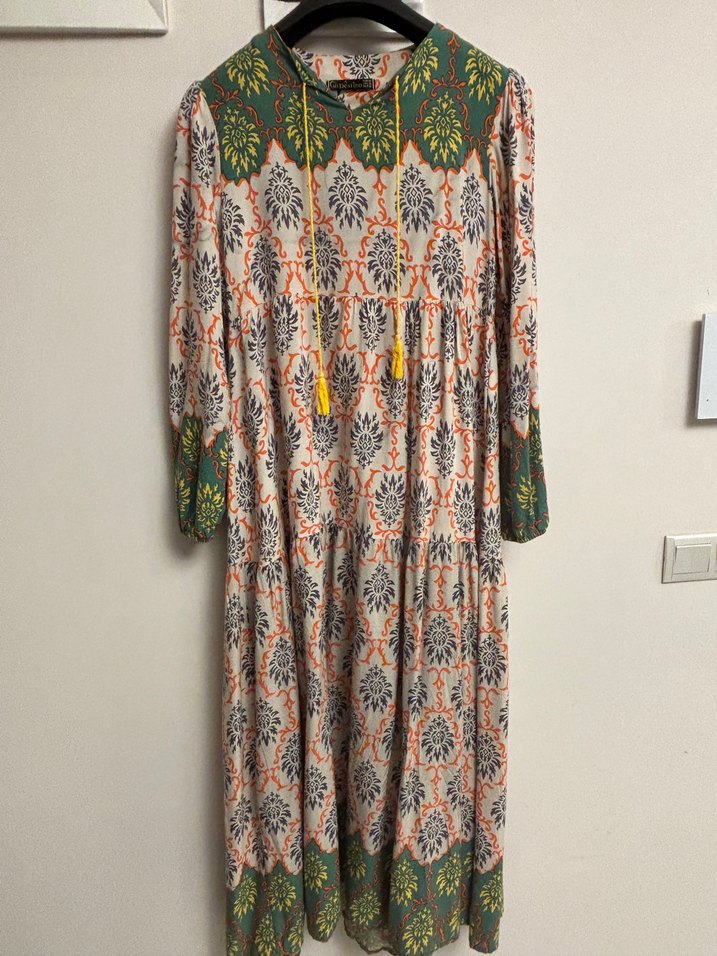 Bohem Desenli Uzun V Yaka Elbise - Görsel 4