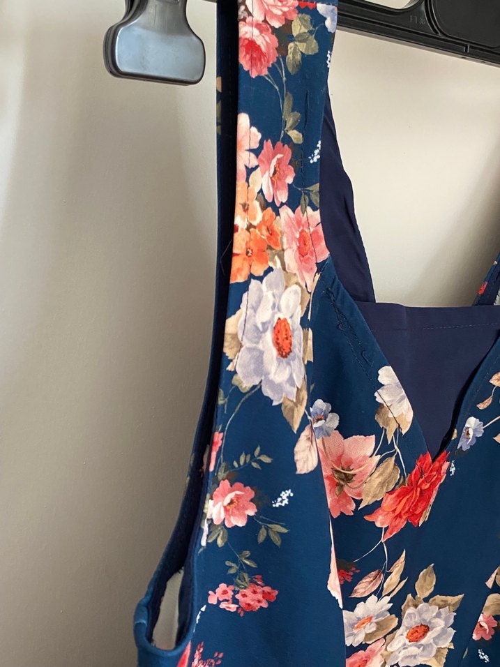 Koyu Mavi Çiçek Desenli V Yakalı Midi Elbise - Görsel 3