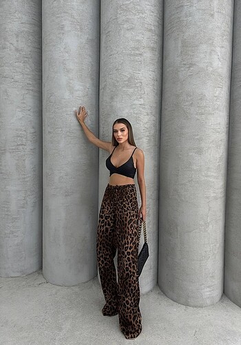 m Beden Kadın Leopar Desenli Palazzo Pantolon