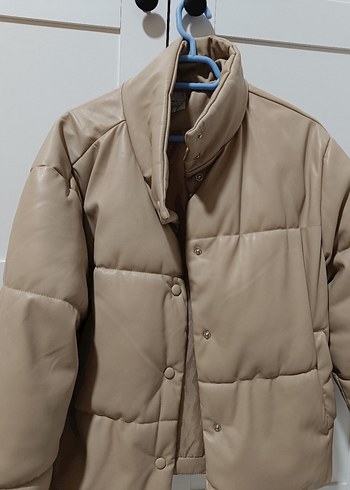 Bej Düğmeli Deri Kadın Kışlık Ceket - Görsel 2