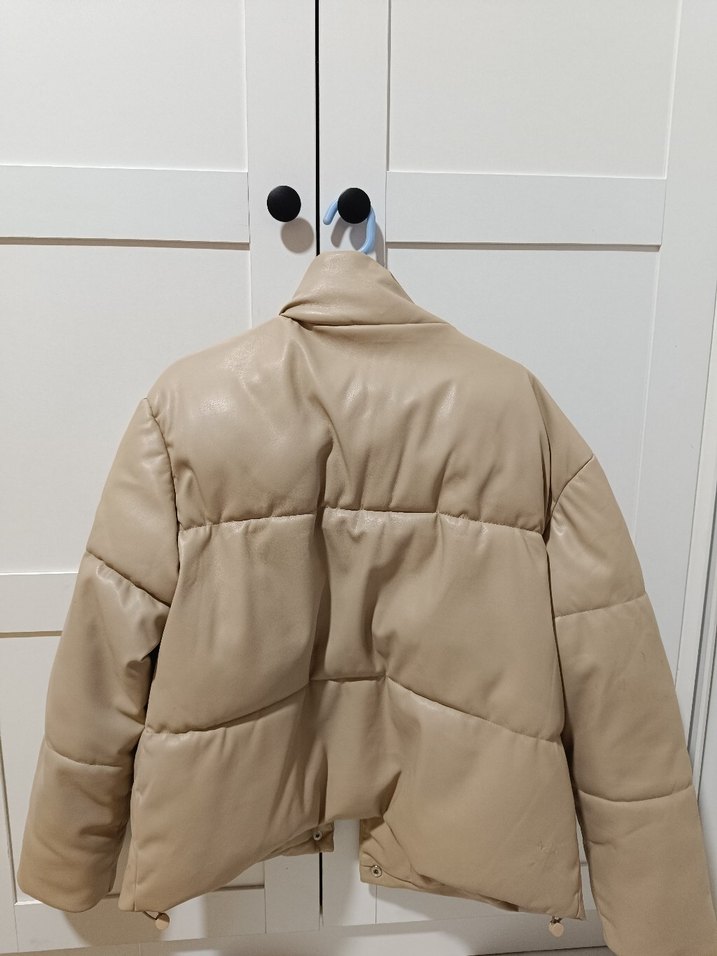 Bej Düğmeli Deri Kadın Kışlık Ceket - Görsel 4