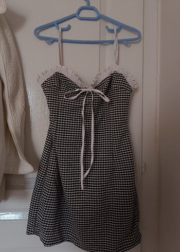 Dantel Detaylı Beyaz Kareli Mini Elbise - Görsel 2