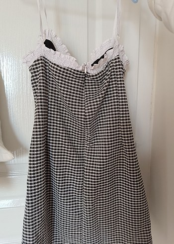 Dantel Detaylı Beyaz Kareli Mini Elbise - Görsel 4